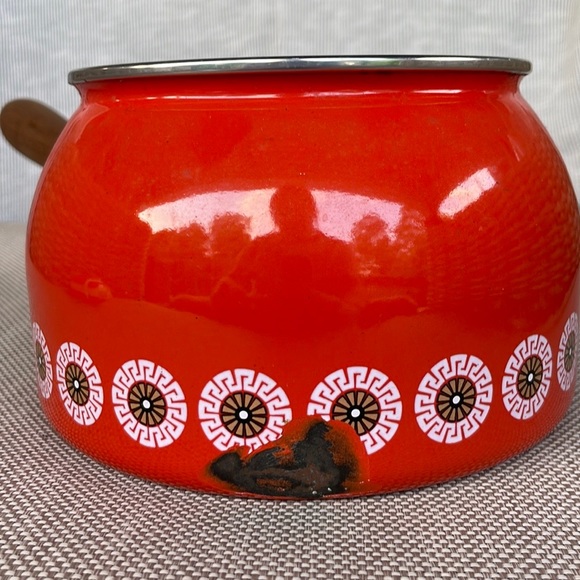 VTG Mid Century Modern Orange Enamel Fondue Pot - Picture 2 of 5